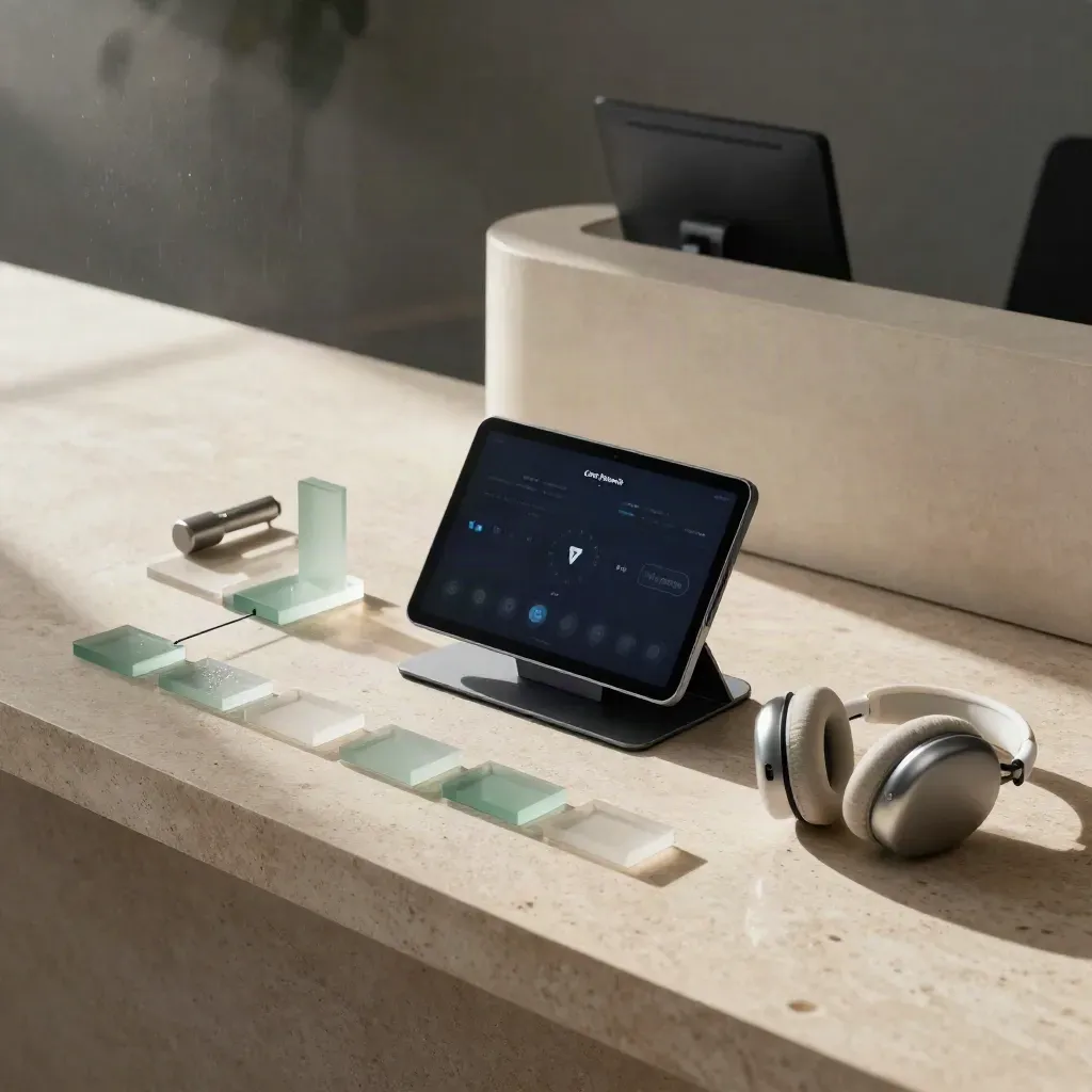 Cinematic care innovation studio with tablet dock, patient-path blocks, and clinic tools on pale stone.