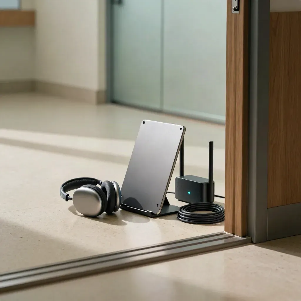 Telehealth rollout kit by a clinic doorway: tablet stand, headset, router, and speaker puck.