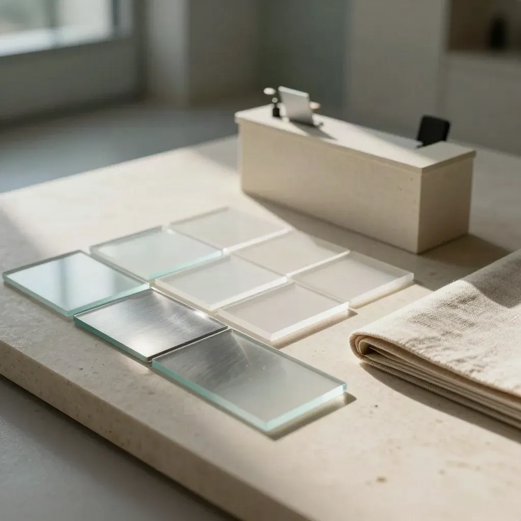 Macro of frosted route tiles, blank tabs, a stone counter, and a folded folio in soft daylight.