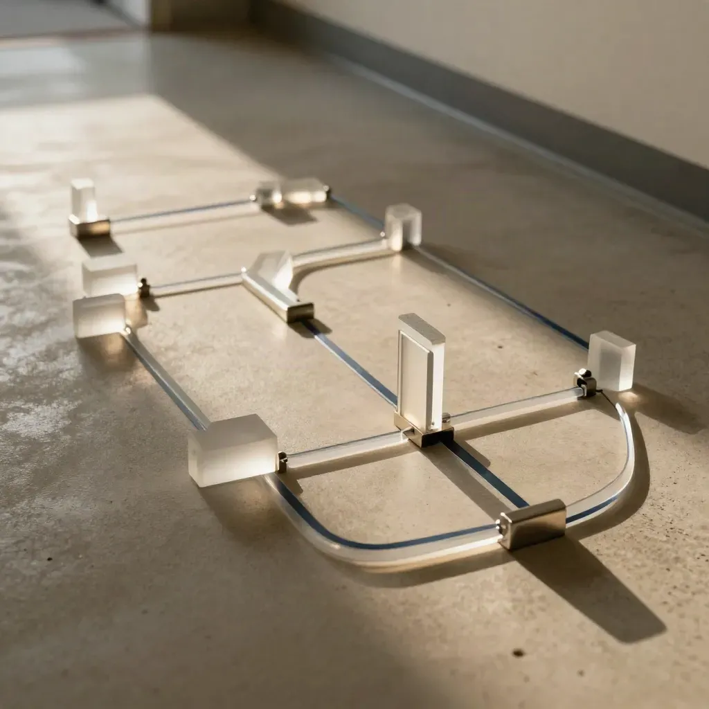 Top-down patient path map with frosted blocks and a doorway threshold on warm concrete.