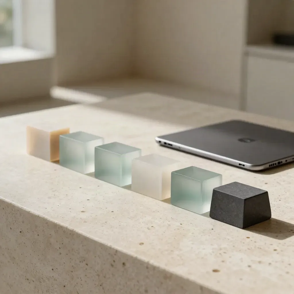 Modular healthcare roadmap blocks, tablet dock and device pucks on pale travertine.