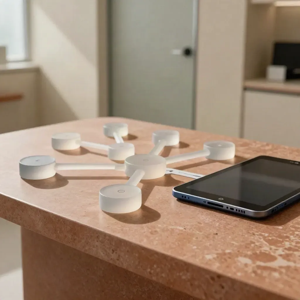 Translucent triage nodes, sensor puck and tablet dock on warm stone in soft daylight.