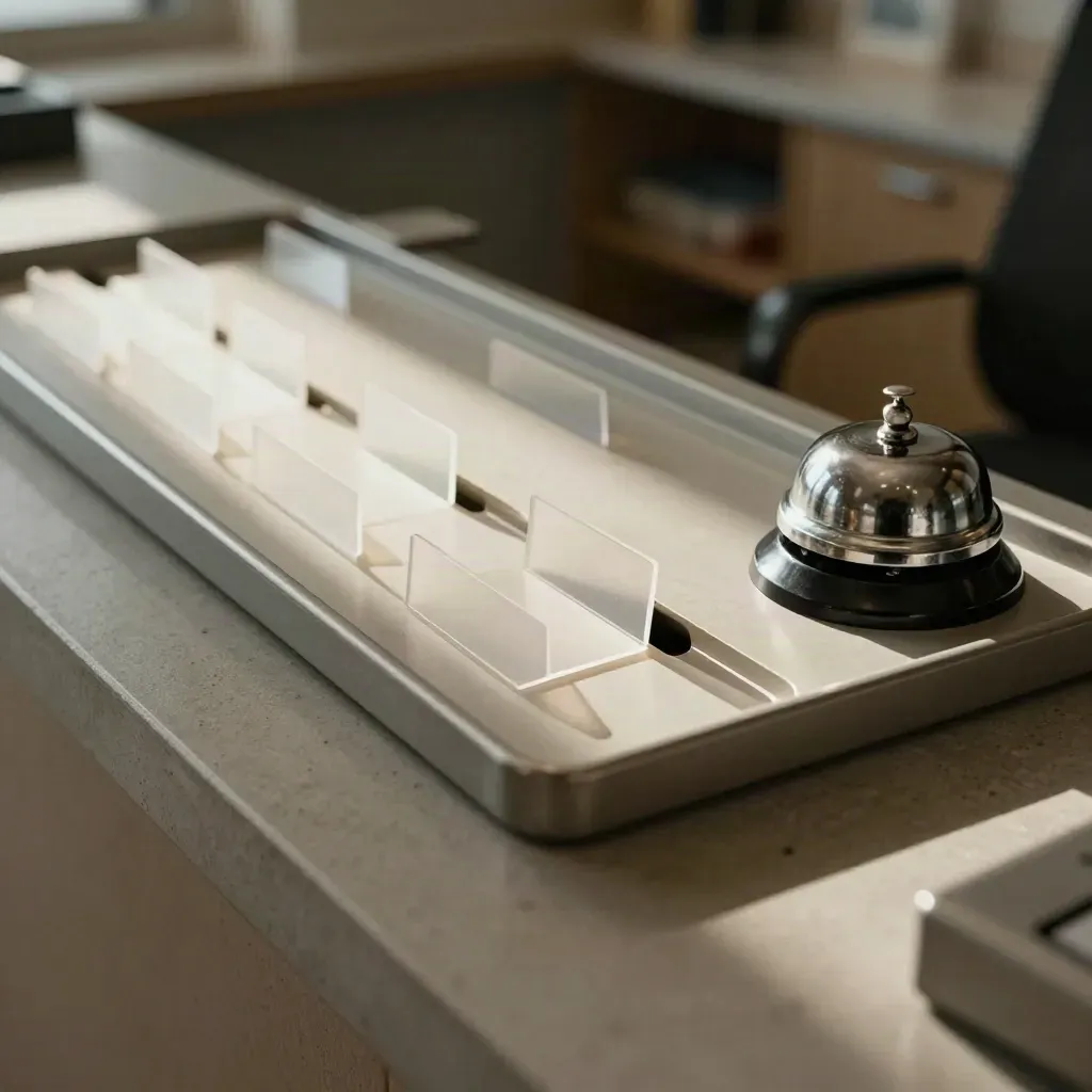 Workflow trays, acrylic tabs, service bell and counter model on a clinic counter under raking light.