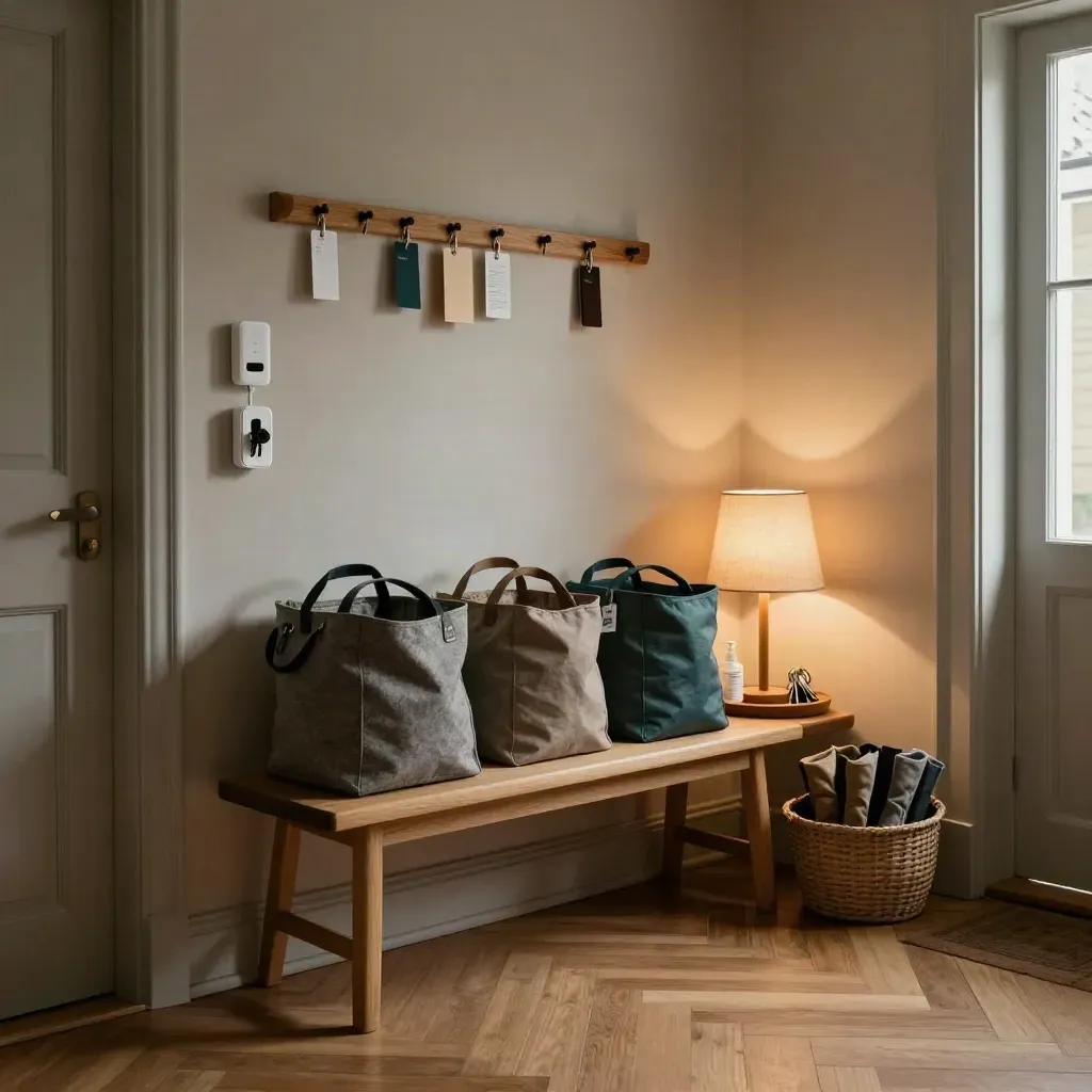 Quiet home-care entry nook with packed visit totes, route rail, and a glowing lamp.