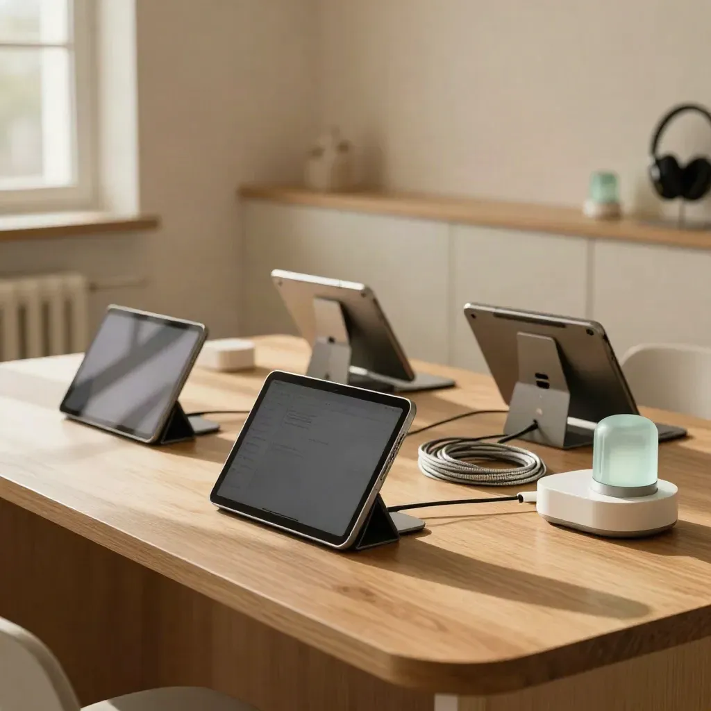 Docked tablets and headset stands in a sunlit telehealth startup corner