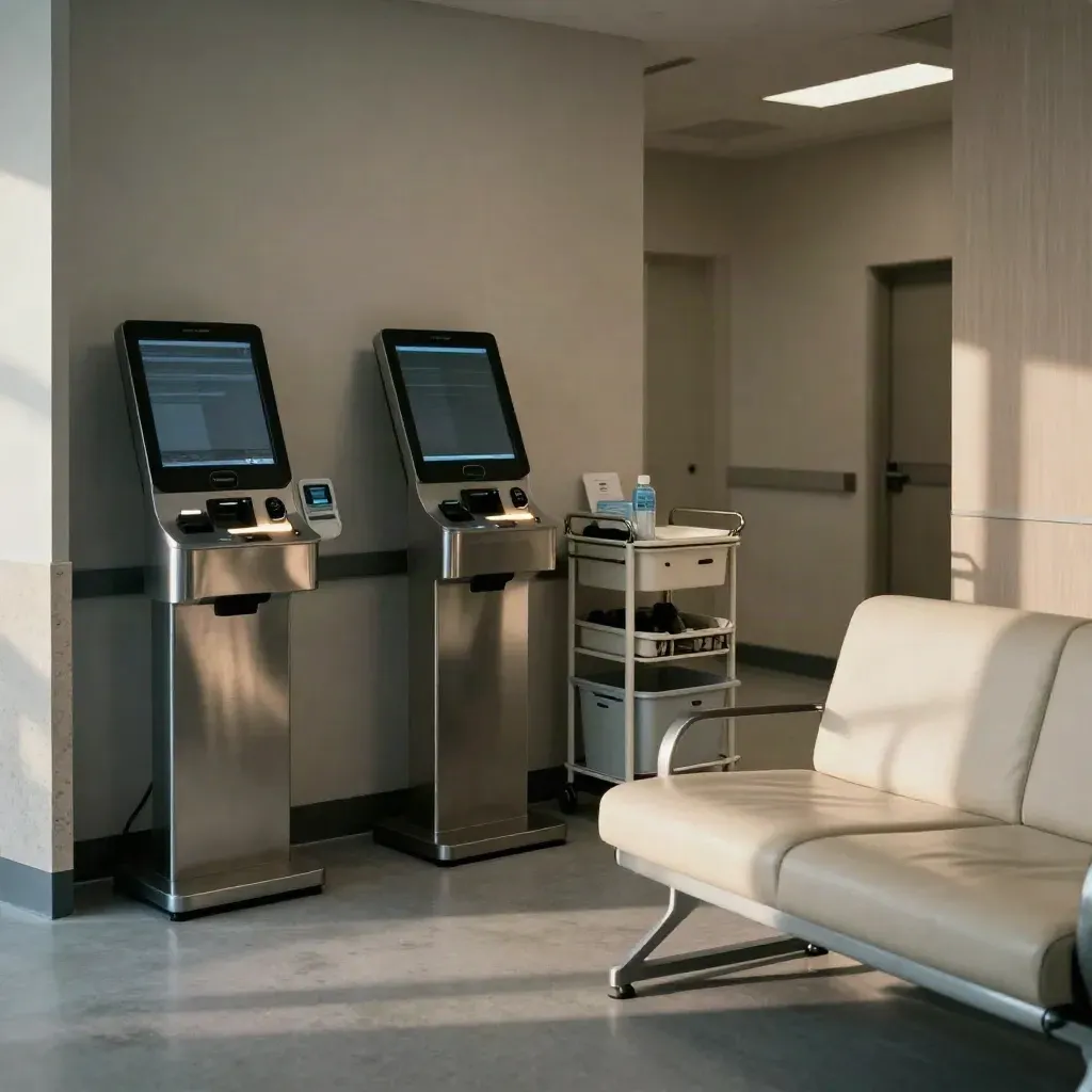 Empty urgent-care intake alcove with kiosks, triage cart, and waiting bench