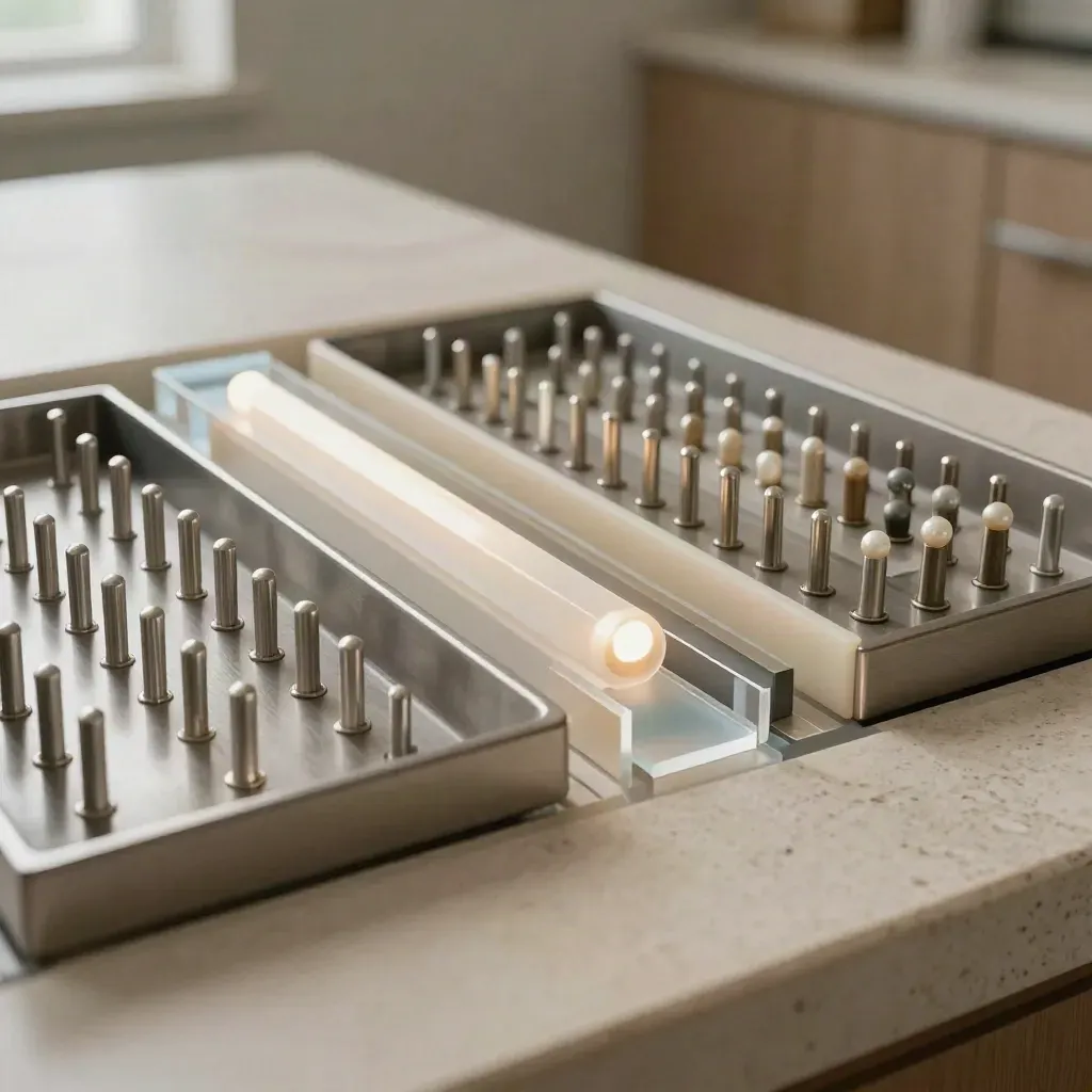 Extreme macro of a referral handoff station with trays, neutral pegs, and a glowing status light.