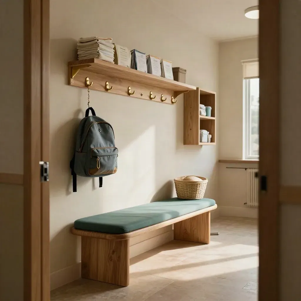 Empty pediatric clinic prep nook with backpack hooks, seating, and reminder shelf in warm light.
