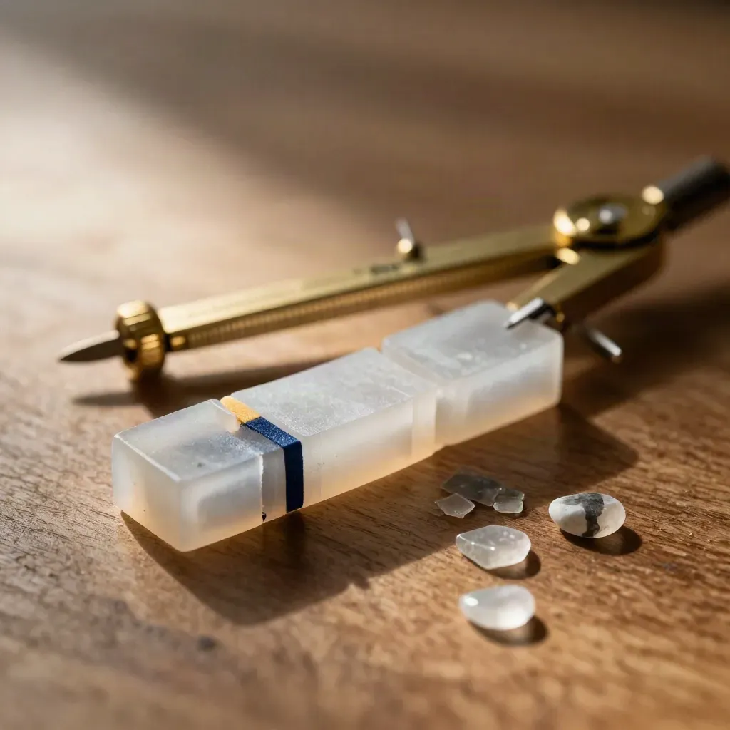 Macro still life of patient-path blocks, brass compass and stone chips on warm oak.