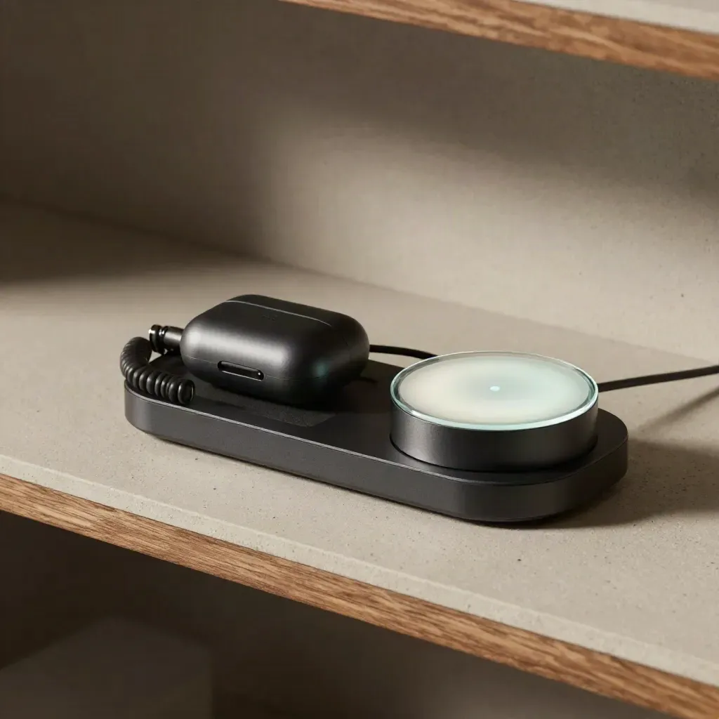 Tablet dock, charging lead, headset case and hub light on pale concrete shelf