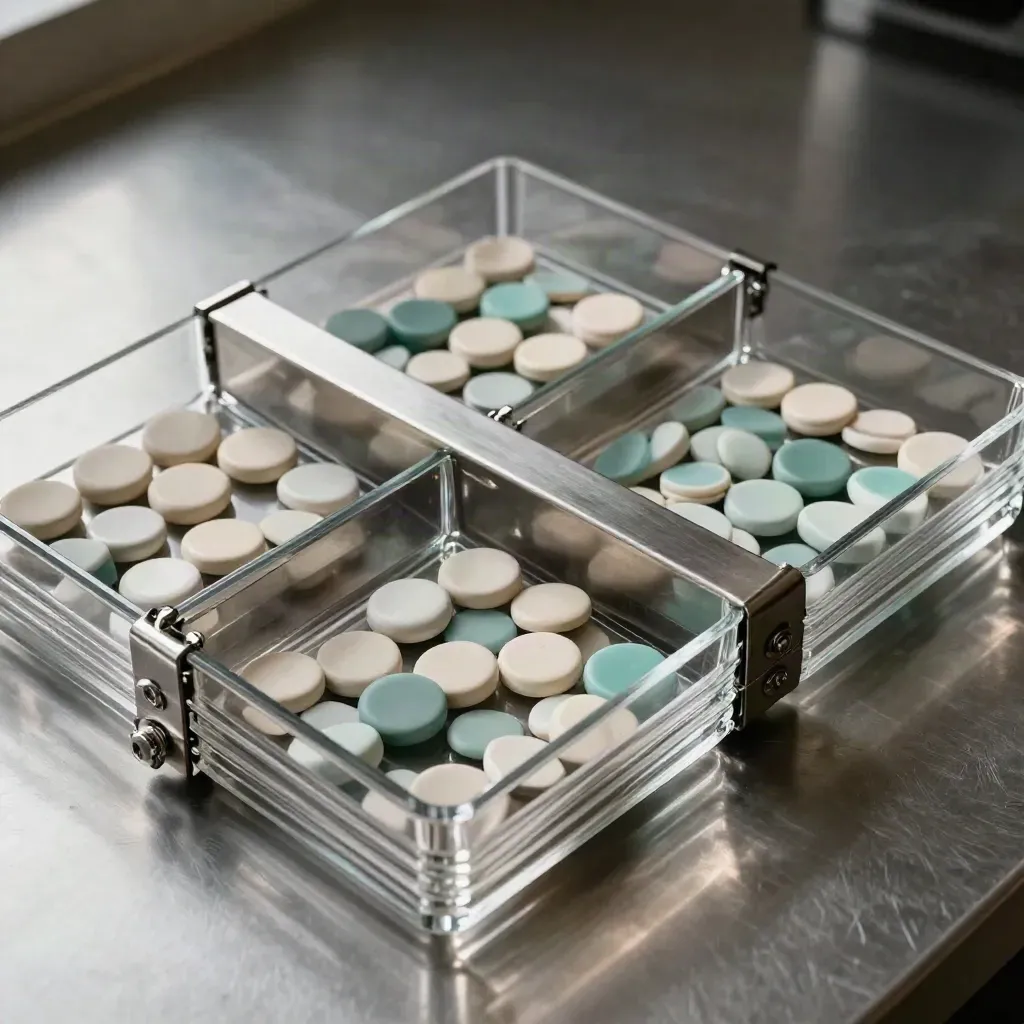 Top-down still life of acrylic process trays, stainless divider, metal clip and ceramic tokens on brushed steel.