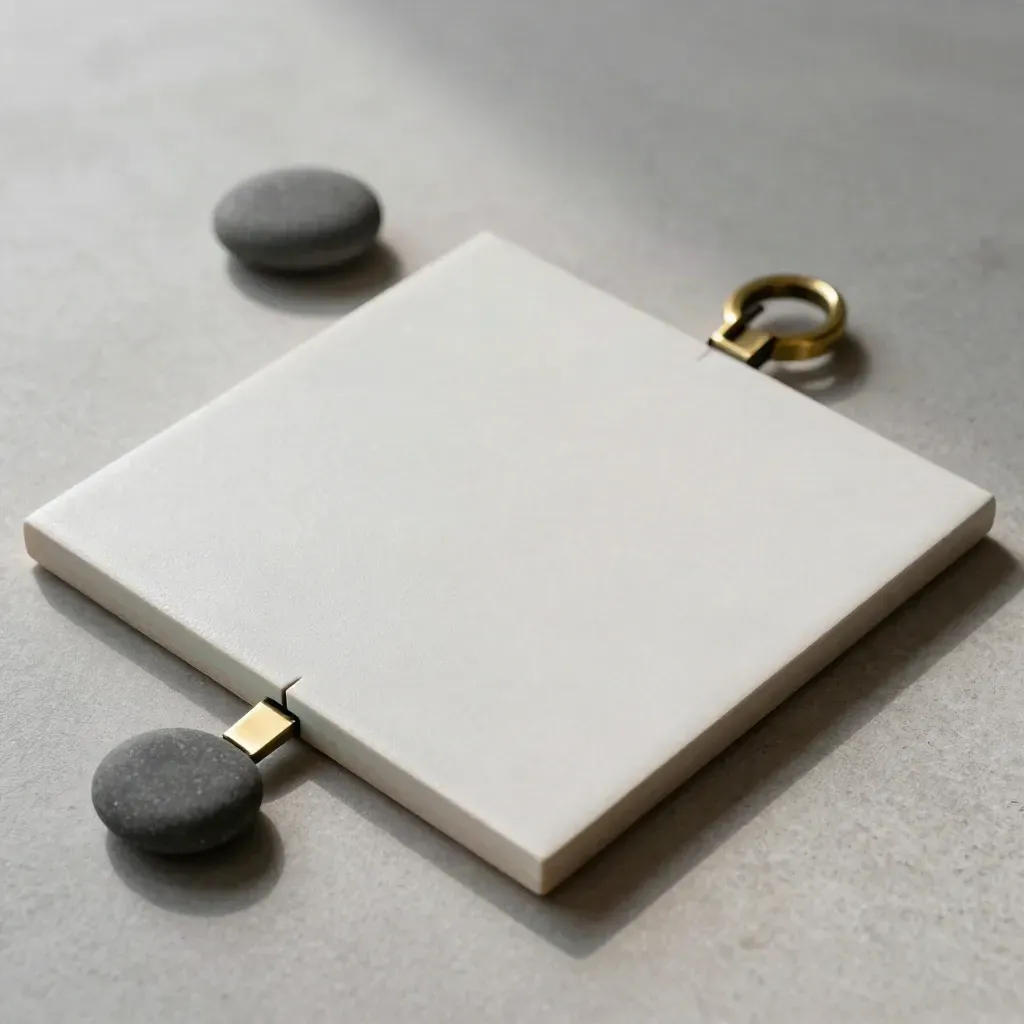 Overhead macro of a frosted route tile, brass ring, and graphite pebble on pale stone.