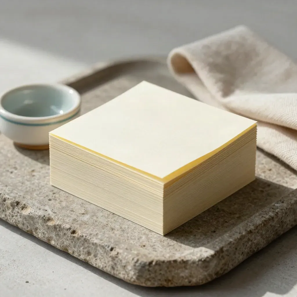 Stone tray with stacked tabs, ceramic divider and folded cloth in soft side light.
