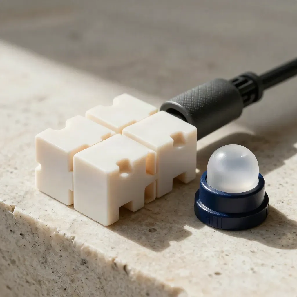 Macro still life of rollout blocks, a cable sleeve, and a hub light on pale limestone.