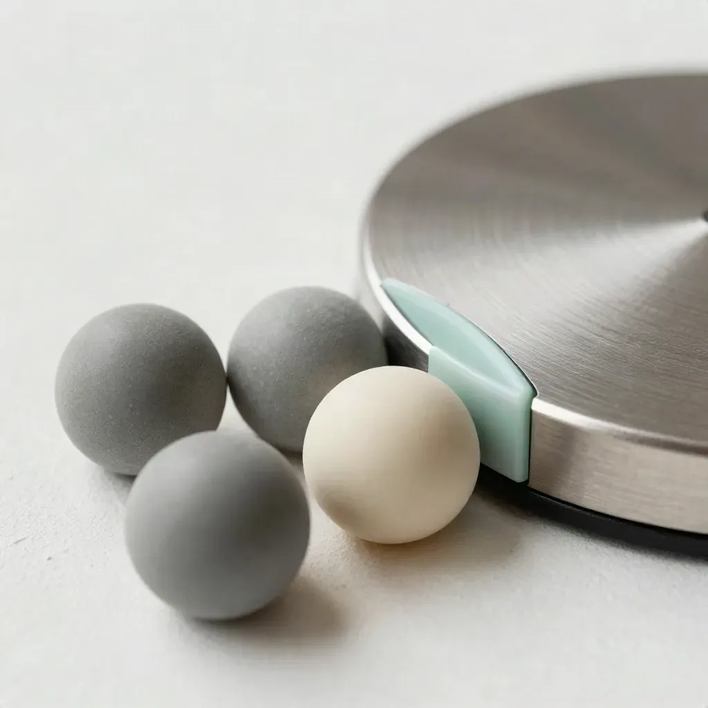 Macro of checkpoint pucks, a brushed status disc, and a settling mint progress arc on plaster.
