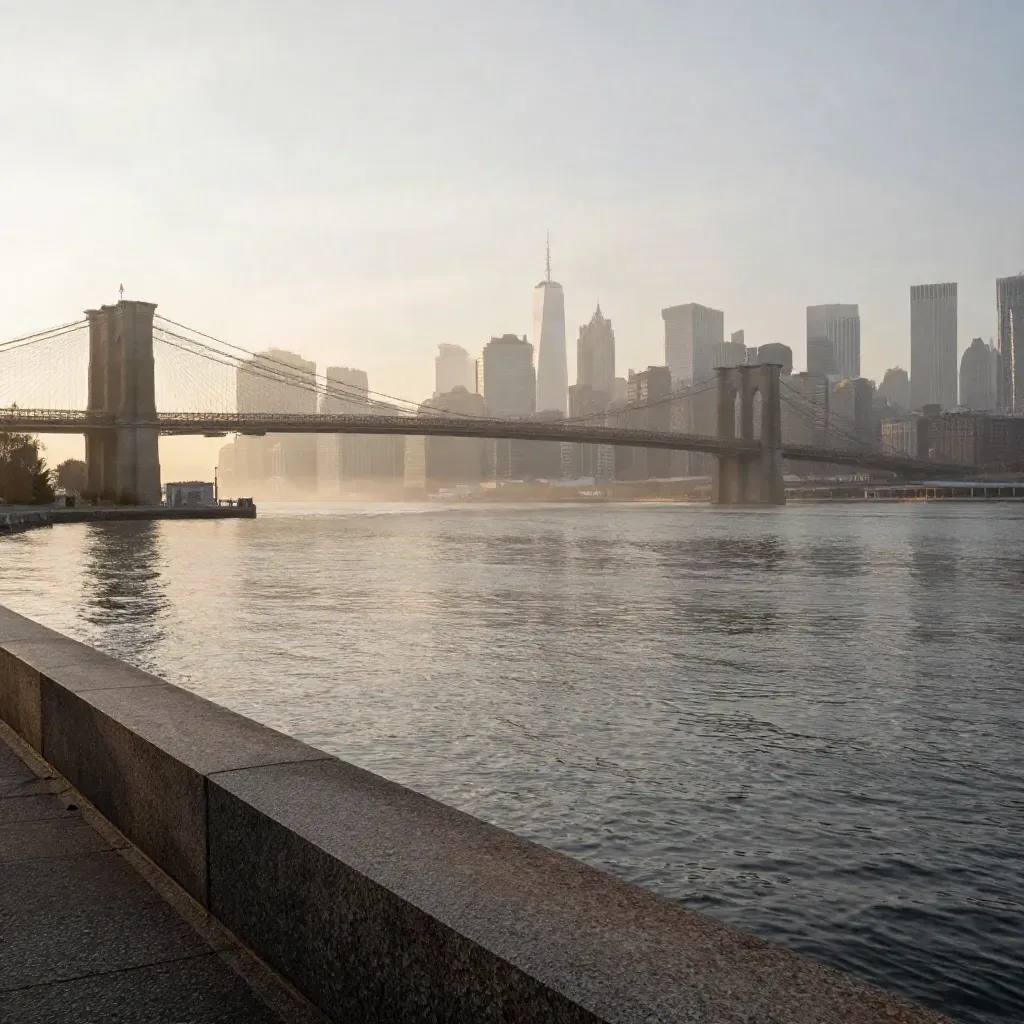 Hazy dawn Manhattan skyline from Jersey City with Brooklyn Bridge over calm water