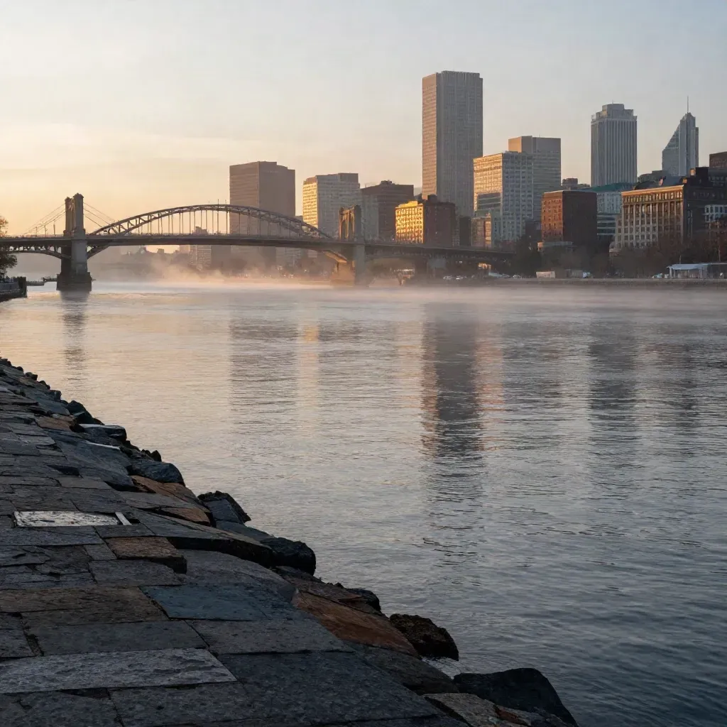 Boston Back Bay skyline and Longfellow Bridge over the Charles in warm mist at dawn.
