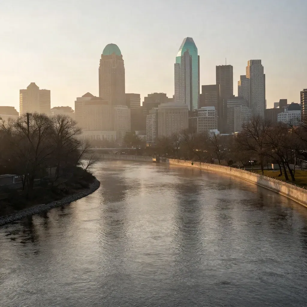 Philadelphia skyline at dawn beyond the Schuylkill River, with misty banks and brightening water.