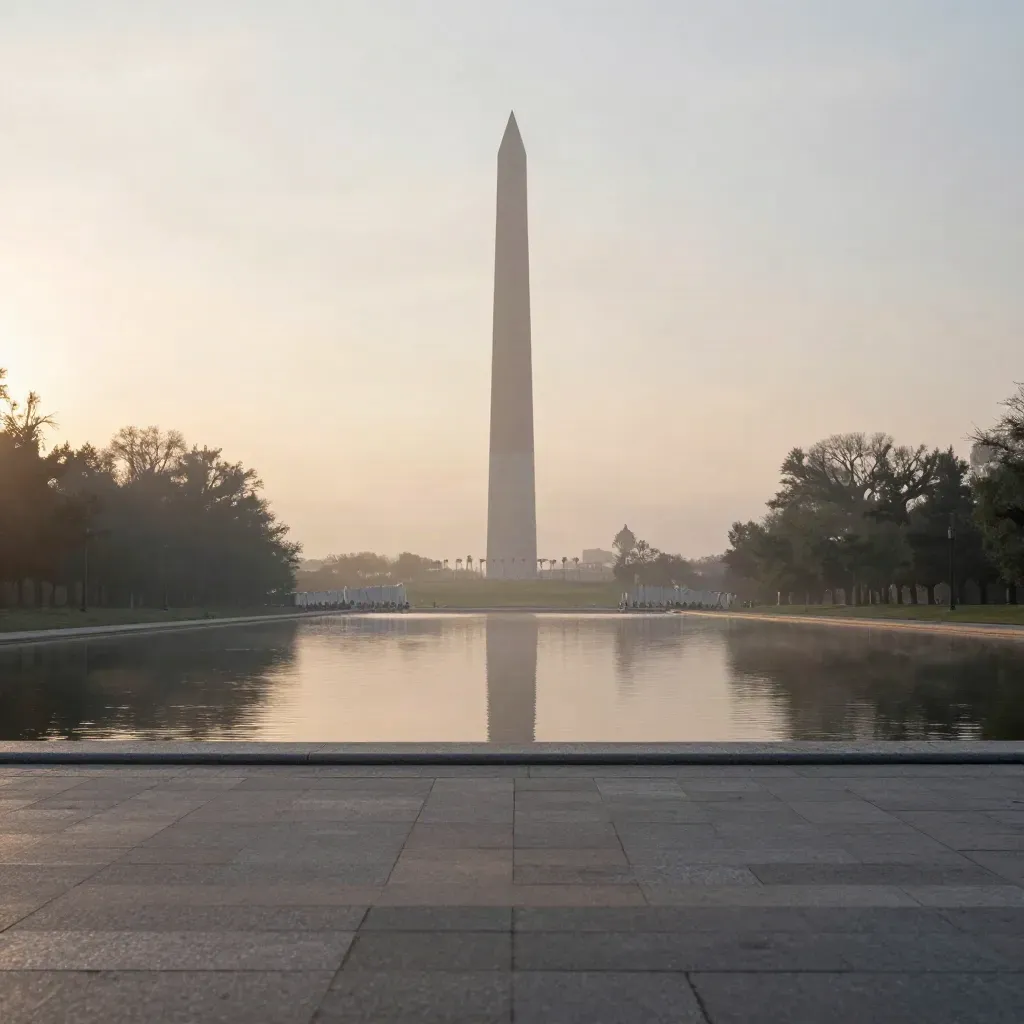 Washington Monument dawn mist over the Reflecting Pool, wide and serene